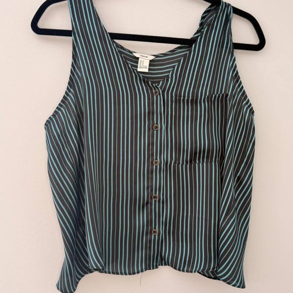 Forever 21 Love H81 Women’s Sleeveless Striped Blouse M  Teal Black Button Front